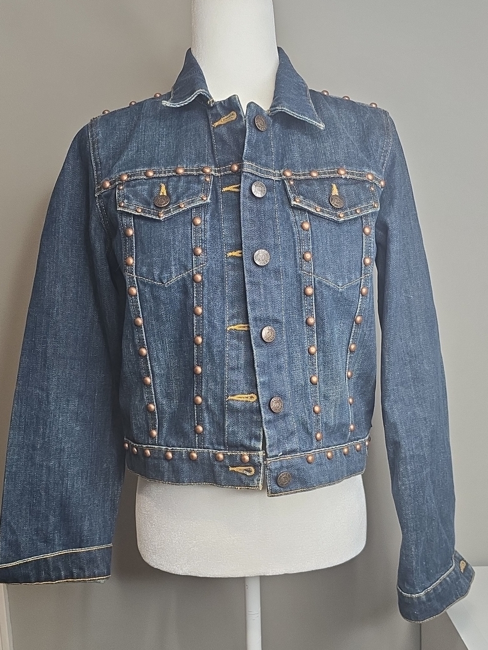 Vtg Polo Jeans Co Ralph Lauren Studded Denim Jacket Y2K Medium Slim Fit Distress